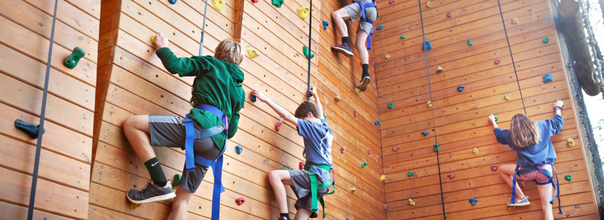 Kids on the Camp Hanes climbing wall